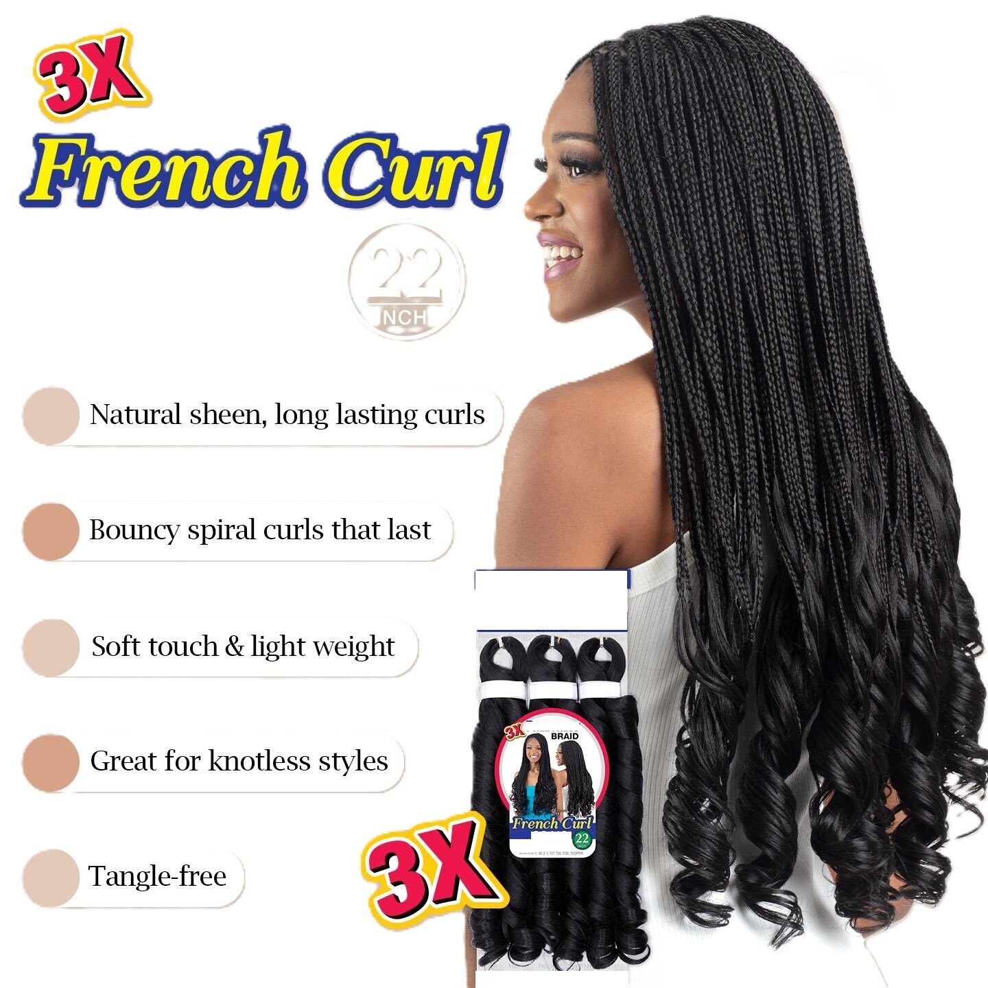 CHERISH SYNTHETIC CURLY SPIRAL HAIR EXTENSION BRAID - 3 x SPIRAL FRENCH CURL 22