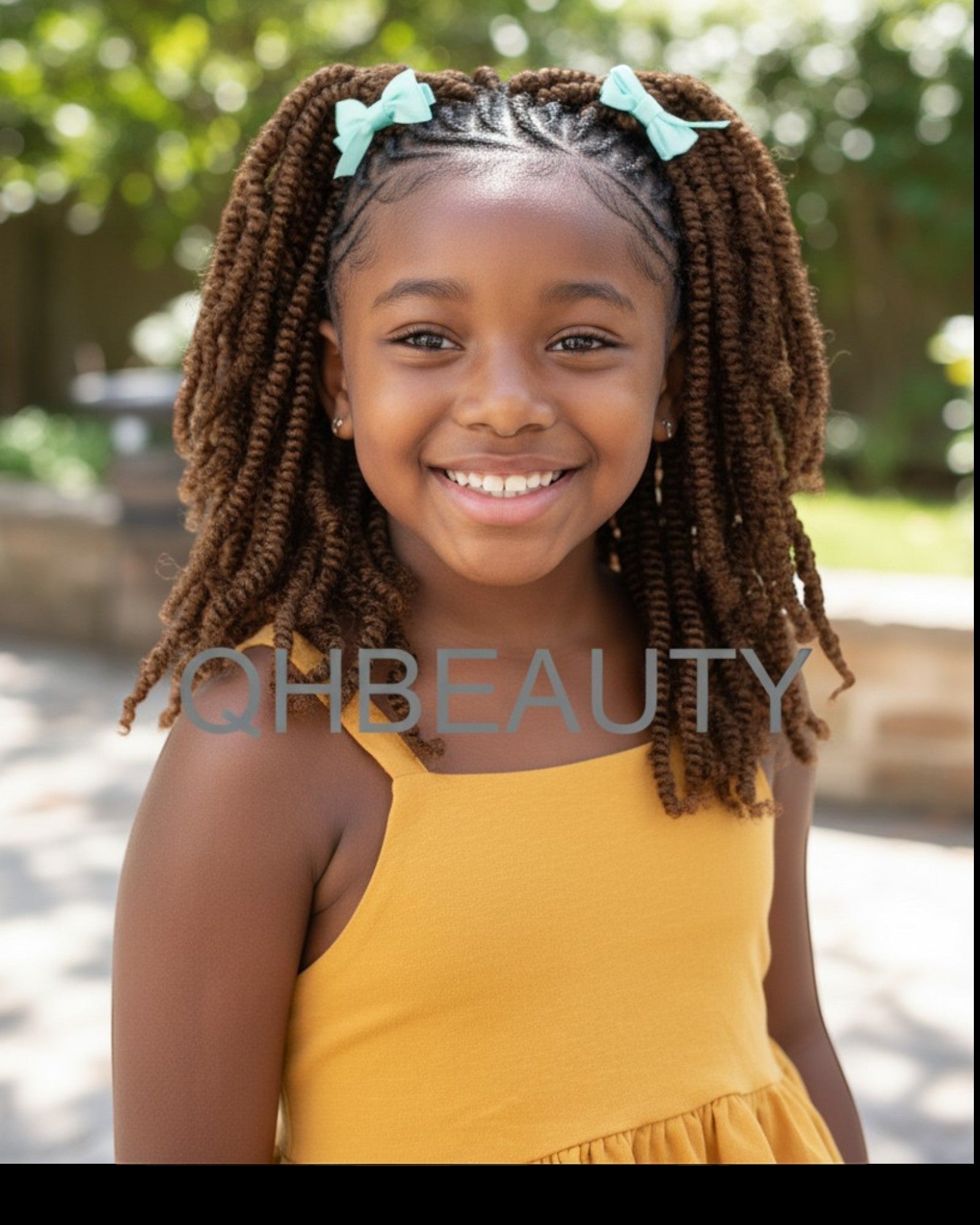 Q H Beauty 12'' curly brown synthetic crochet braid hair extensions for kids, styled with mint bows.