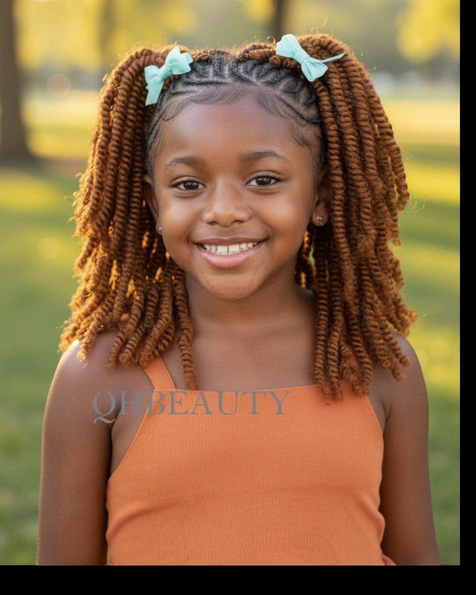 Q H Beauty 12'' curly synthetic crochet braid hair extension in a warm brown shade, styled in pigtails with light blue bows.