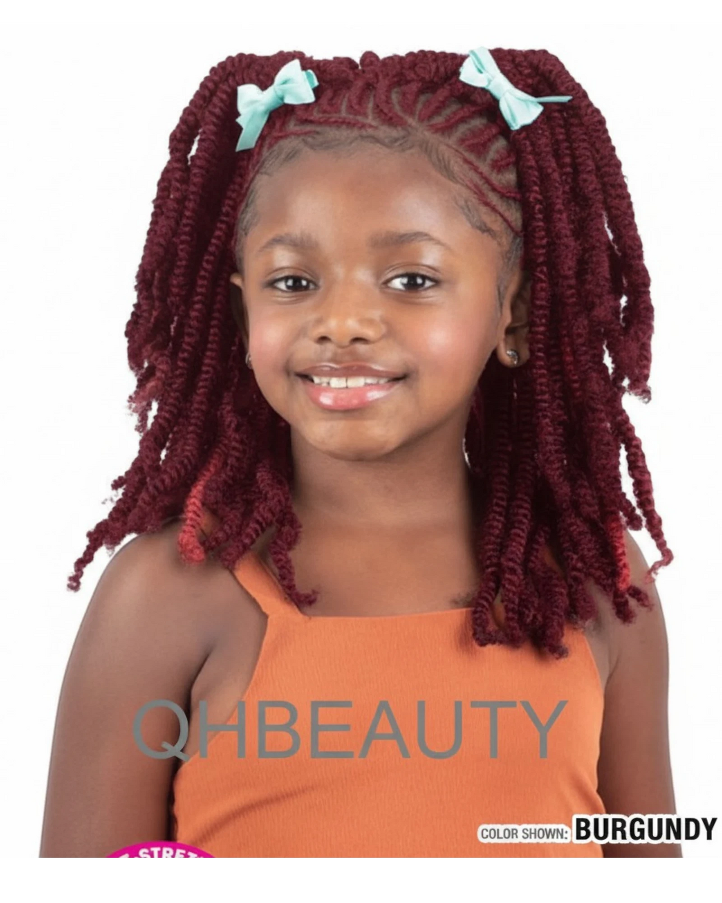 Q H Beauty burgundy synthetic crochet braid hair extensions for kids, 12-inch curly twists with light blue bows.
