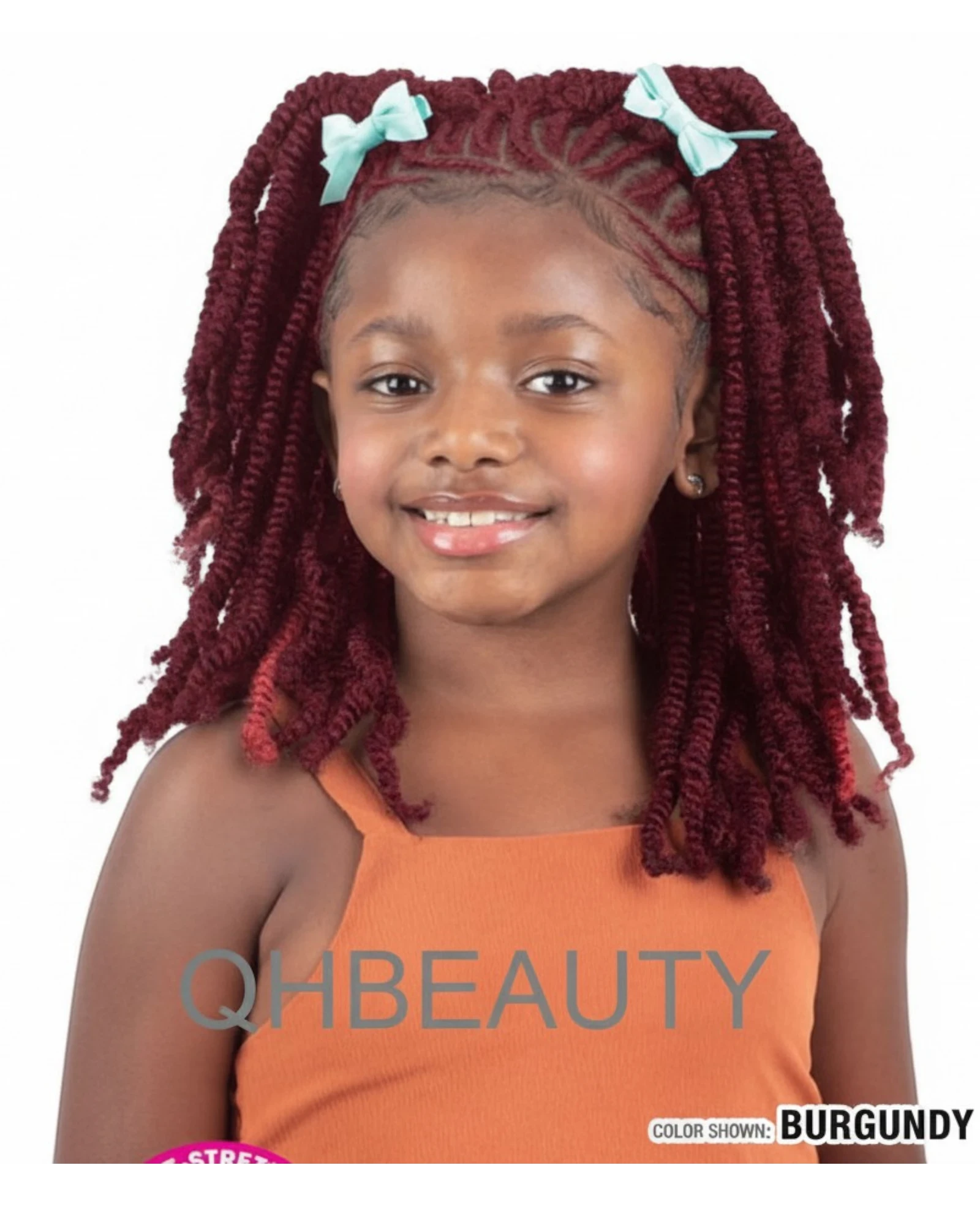 Q H Beauty burgundy synthetic crochet braid hair extensions for kids, 12-inch curly twists with light blue bows.
