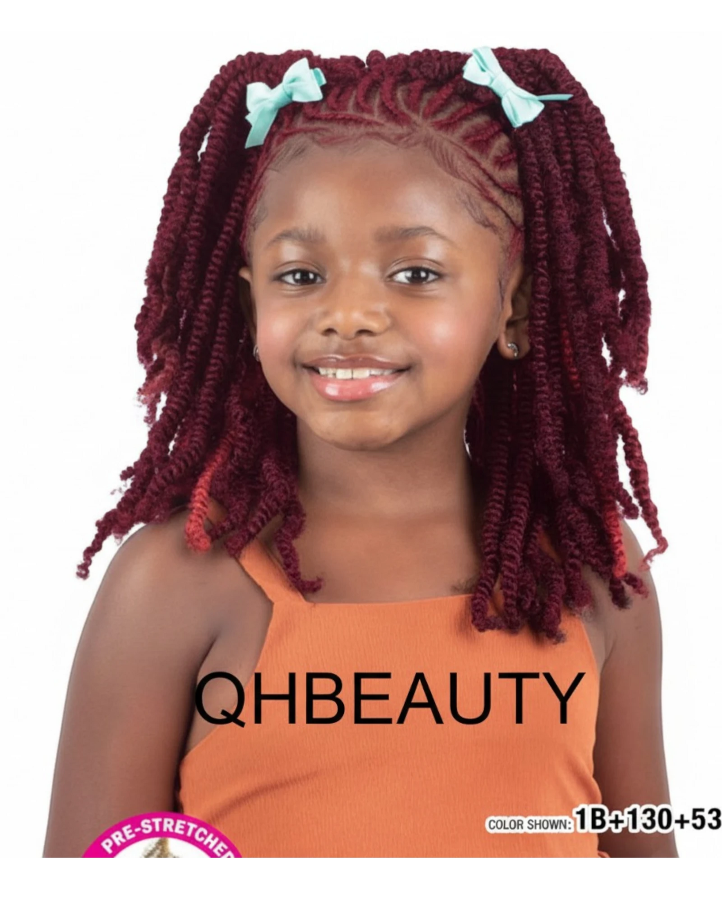 Q H Beauty 12'' synthetic curly crochet braid hair extension in burgundy with light red highlights, styled in pigtails with blue bows.