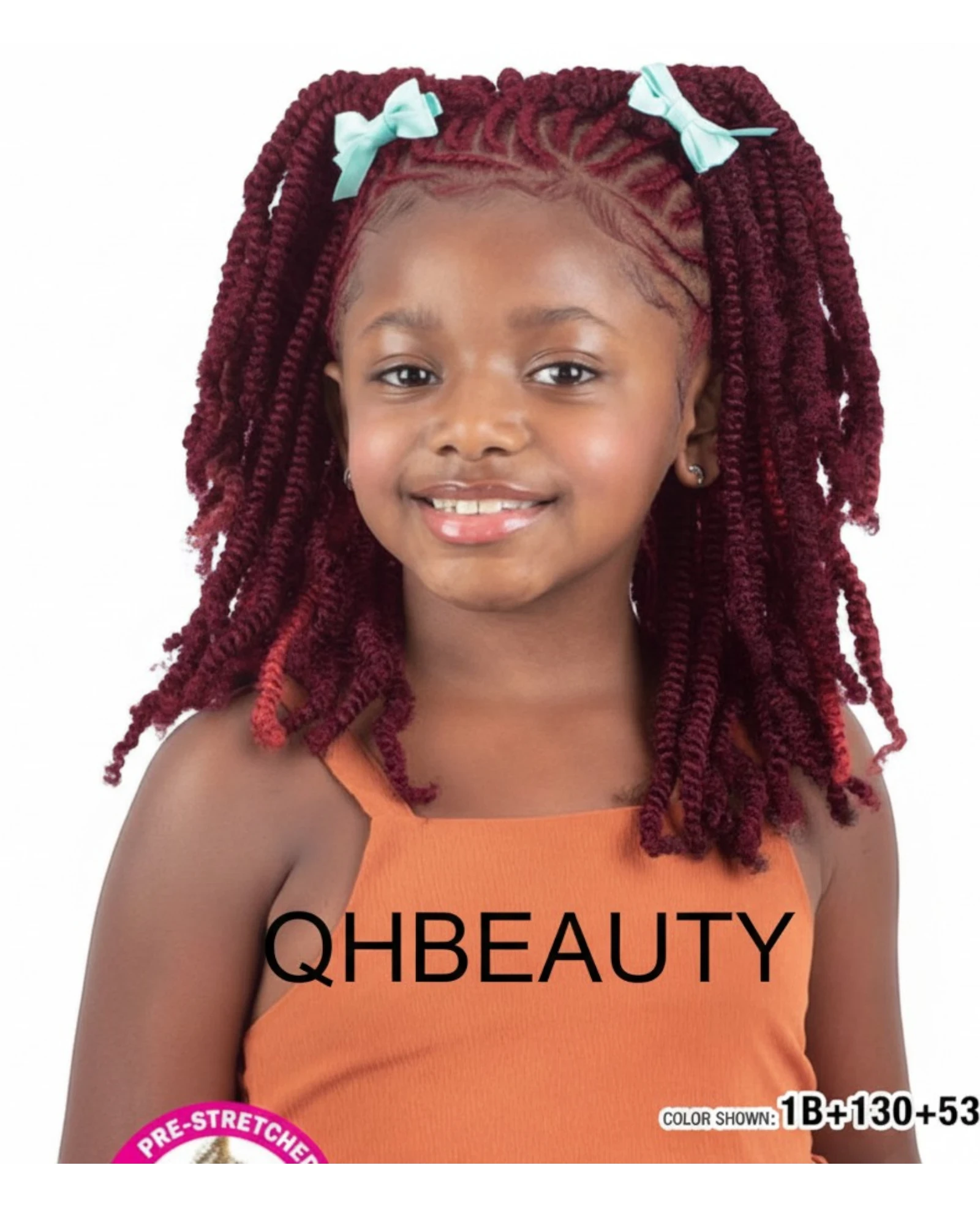 Q H Beauty 12'' synthetic curly crochet braid hair extension in burgundy with light red highlights, styled in pigtails with blue bows.
