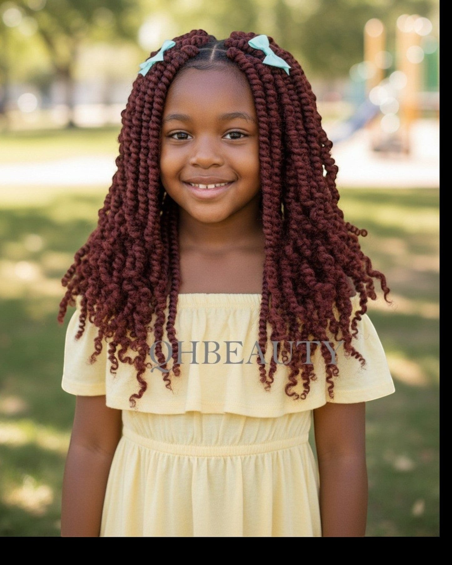 Q H Beauty 12'' curly synthetic crochet braid hair extension in dark brown with light blue bows.