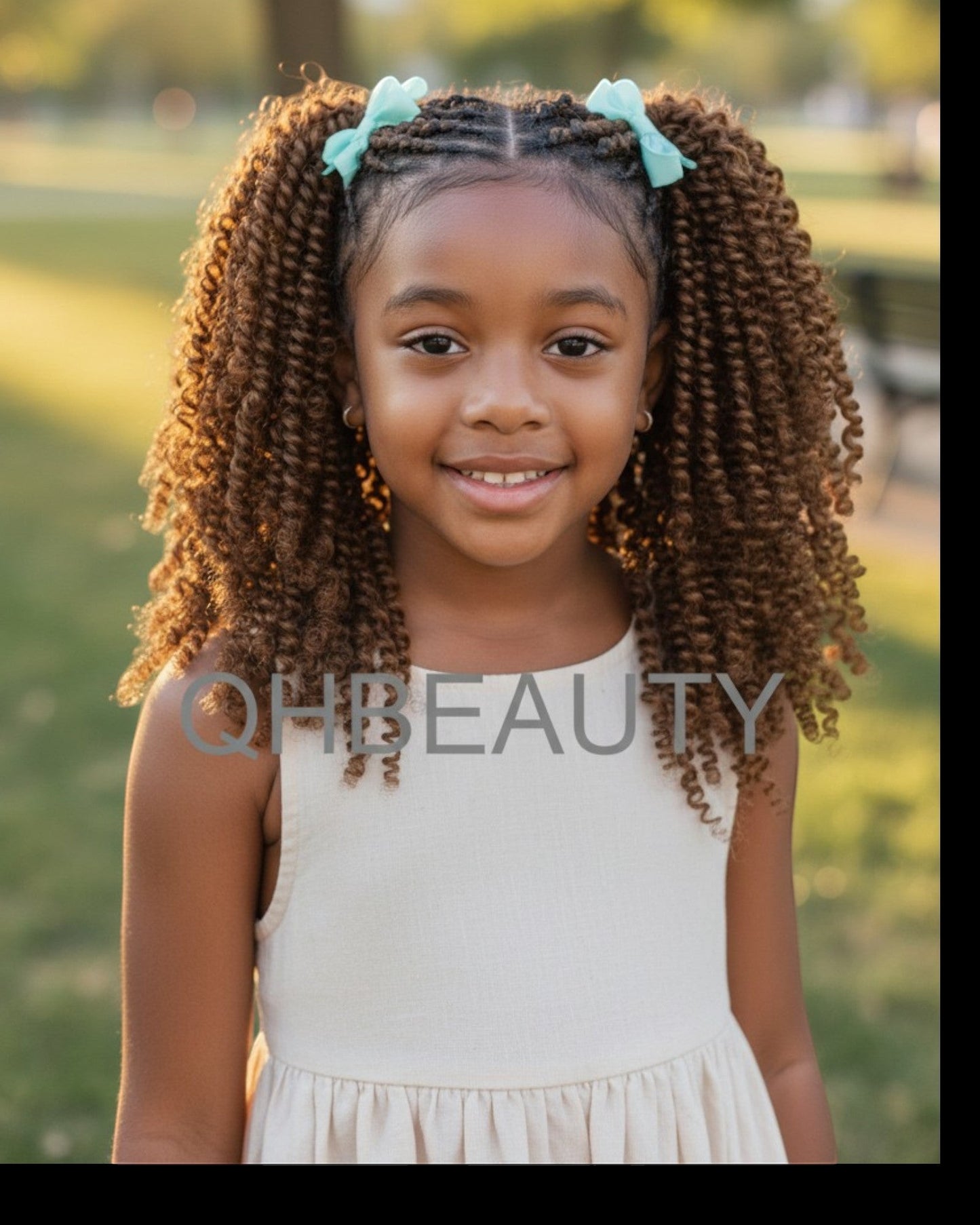 Q H Beauty 12'' curly synthetic crochet braid hair extension in a light brown shade, styled in twists with blue bows.