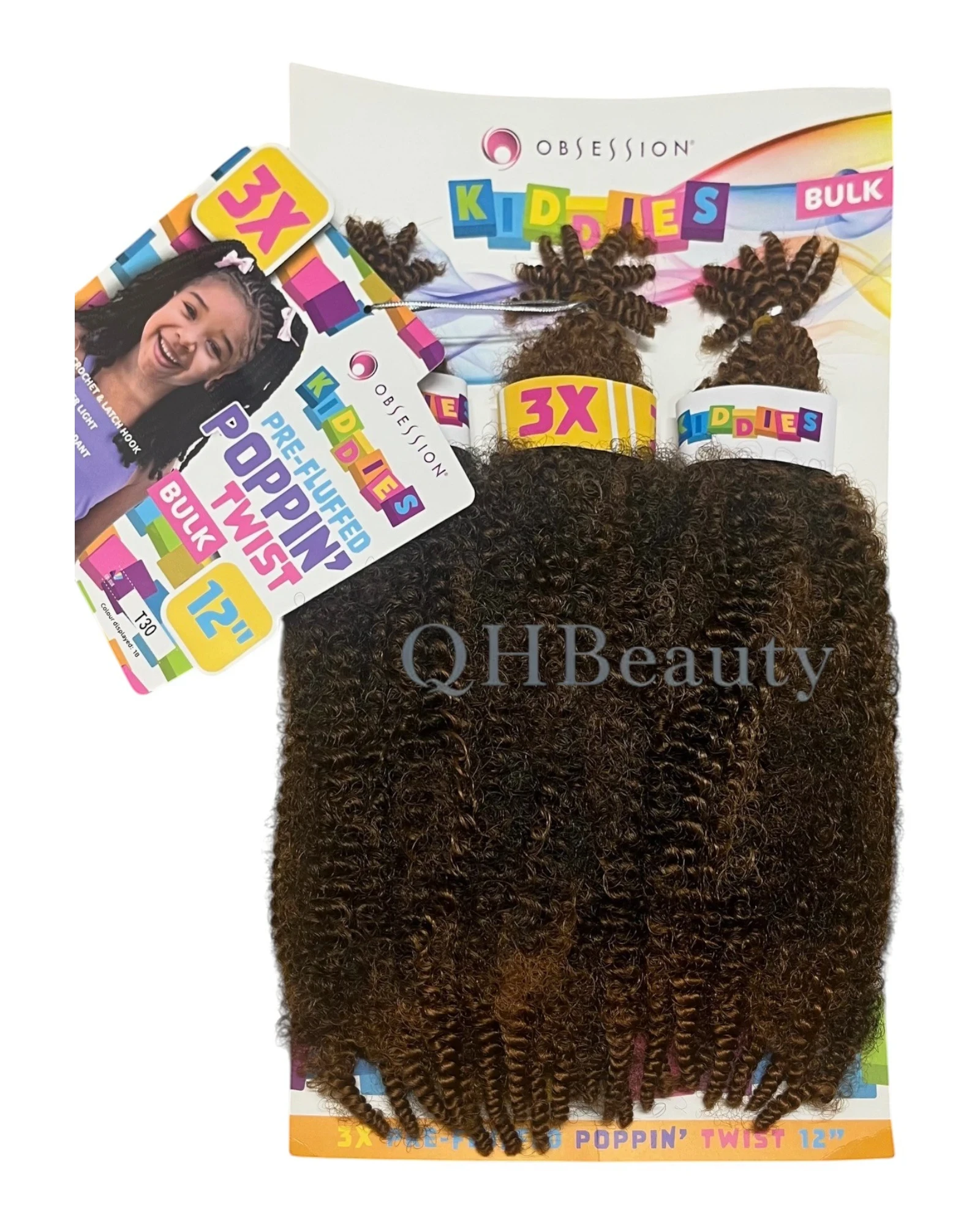 QH Beauty OBSESSION Kiddies Poppin Twist 12'' synthetic crochet braid hair extension in dark brown with curly texture.