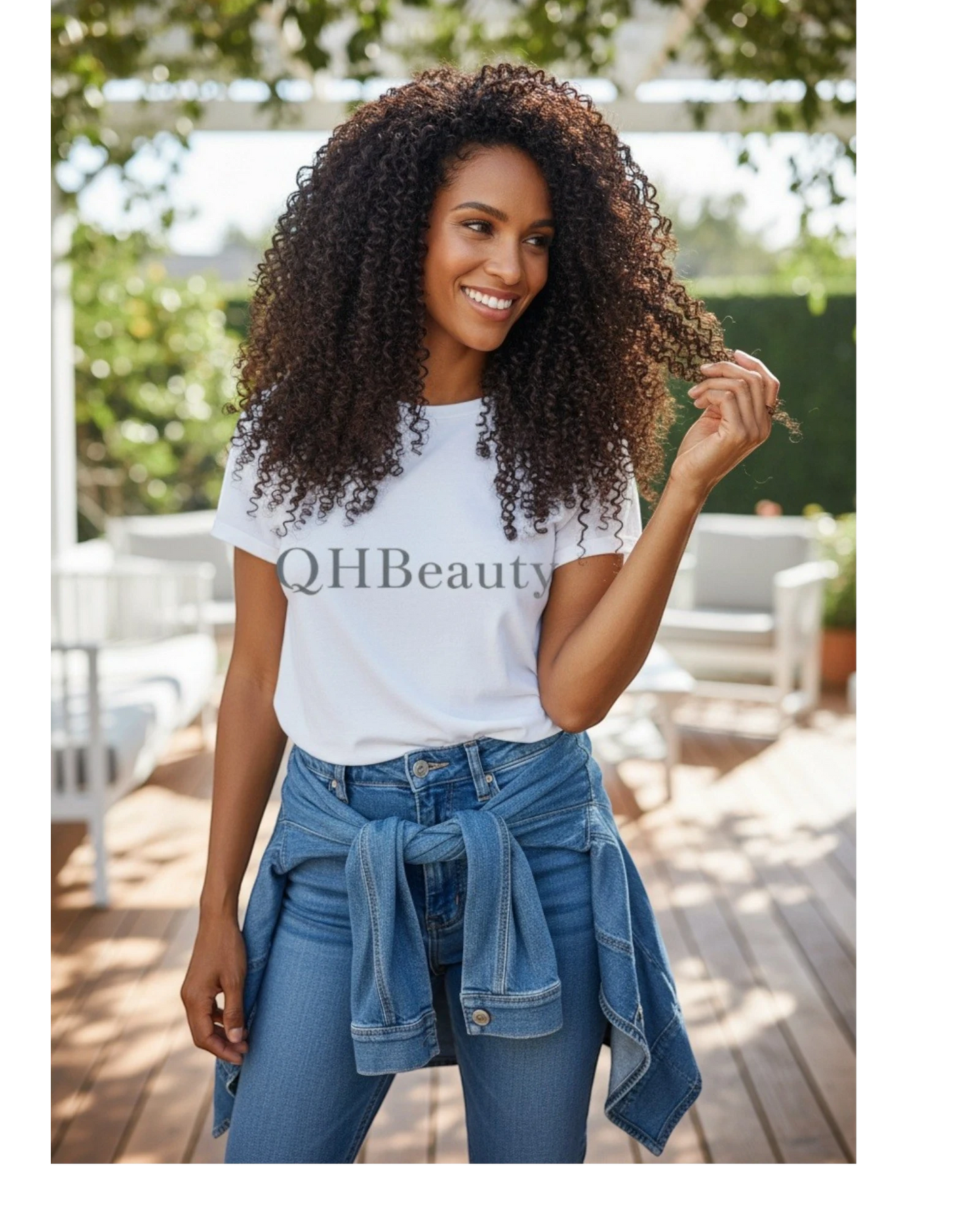 Q H Beauty model with long, dark brown, curly synthetic crochet braid hair extensions. 12-inch Poppin Twist.