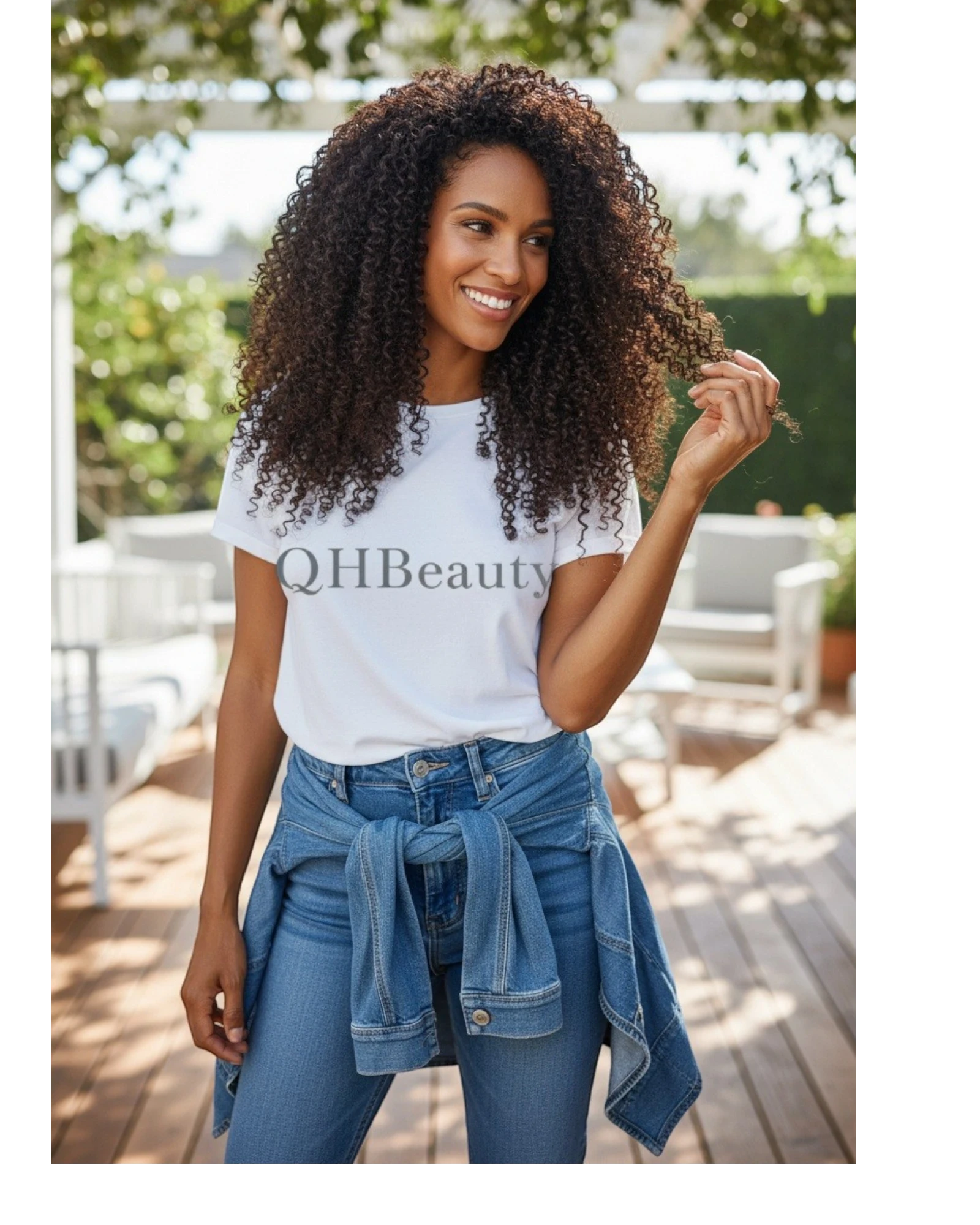 Q H Beauty model with long, dark brown, curly synthetic crochet braid hair extensions. 12-inch Poppin Twist.