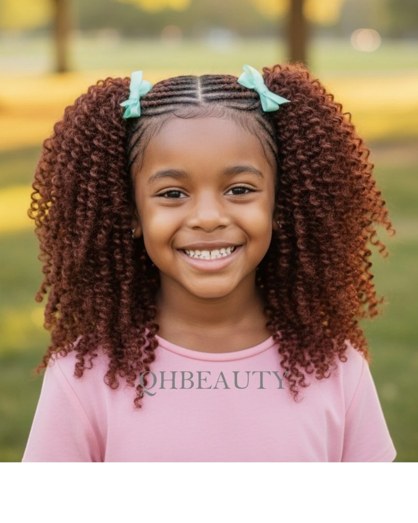 Q H Beauty 12'' curly synthetic crochet braid hair extension in a reddish-brown shade, styled in pigtails with light blue bows.