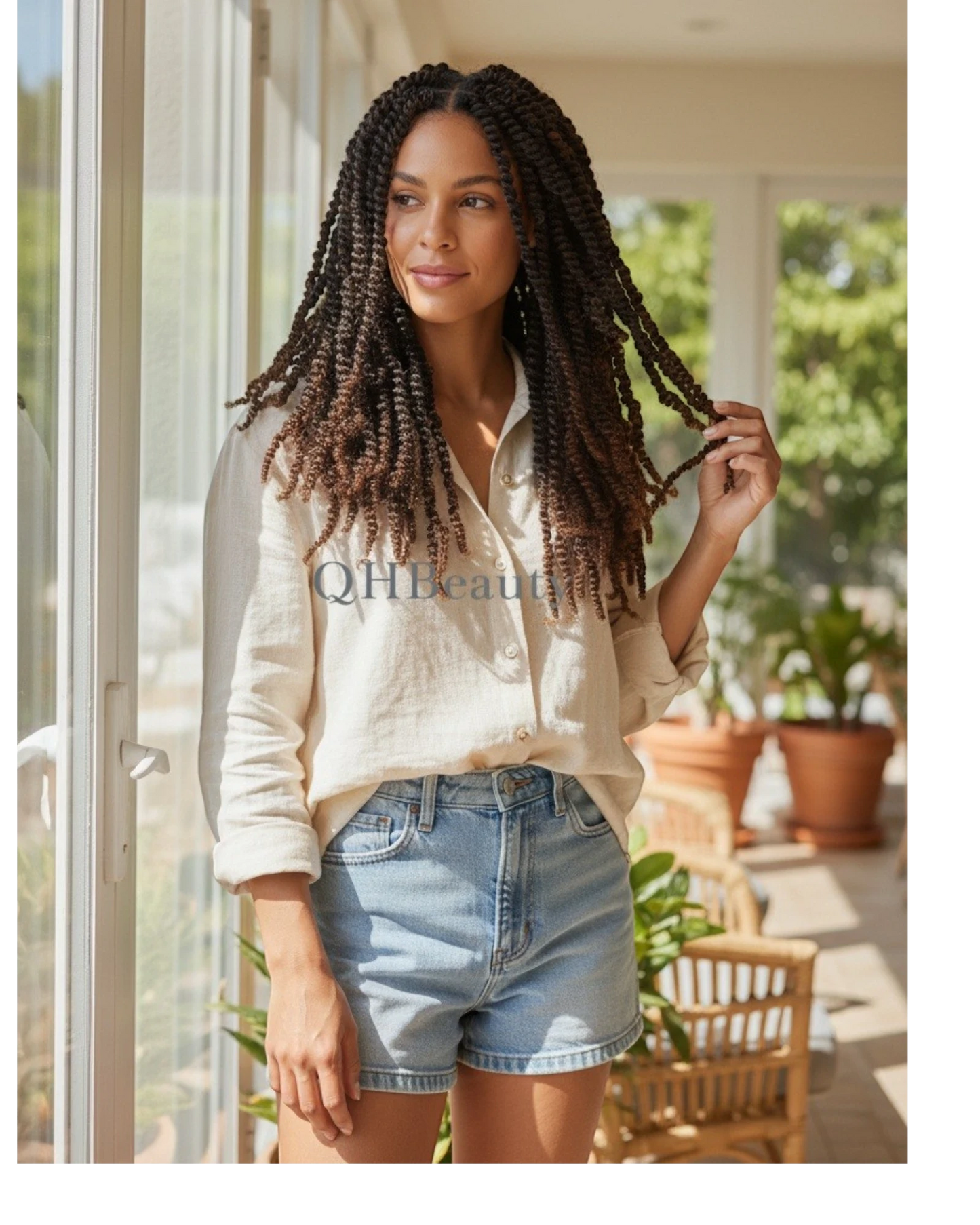 Q H Beauty 12'' curly synthetic crochet braid hair extension in dark brown and auburn highlights, pre-fluffed for braiding.