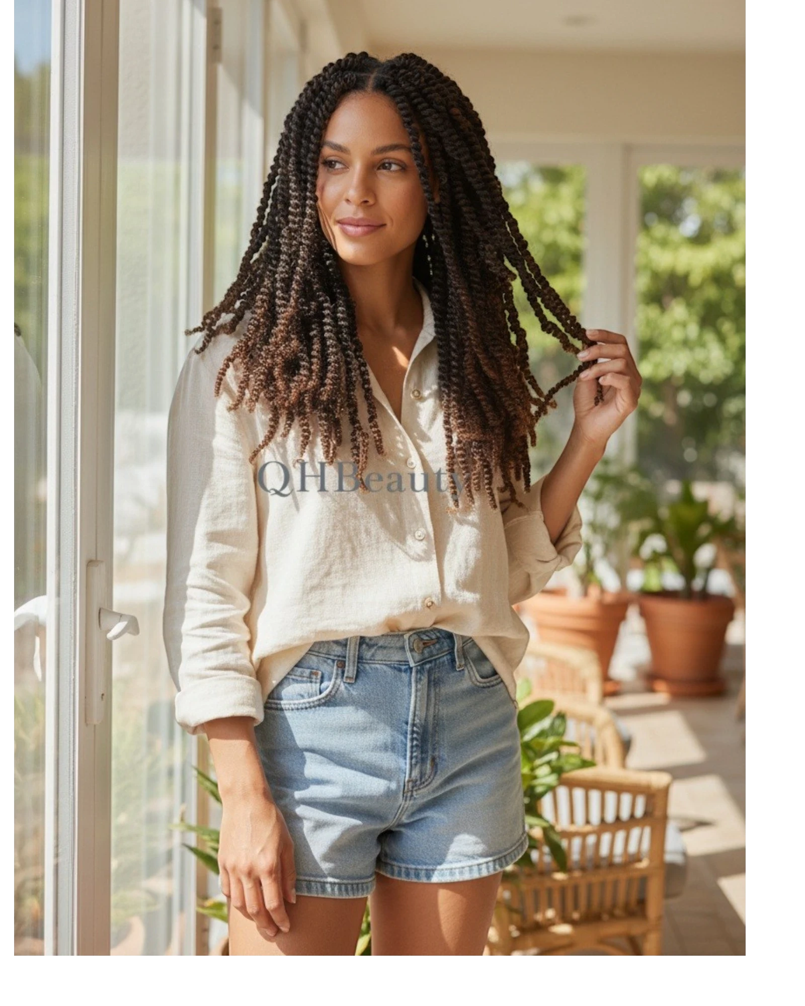 Q H Beauty 12'' curly synthetic crochet braid hair extension in dark brown and auburn highlights, pre-fluffed for braiding.
