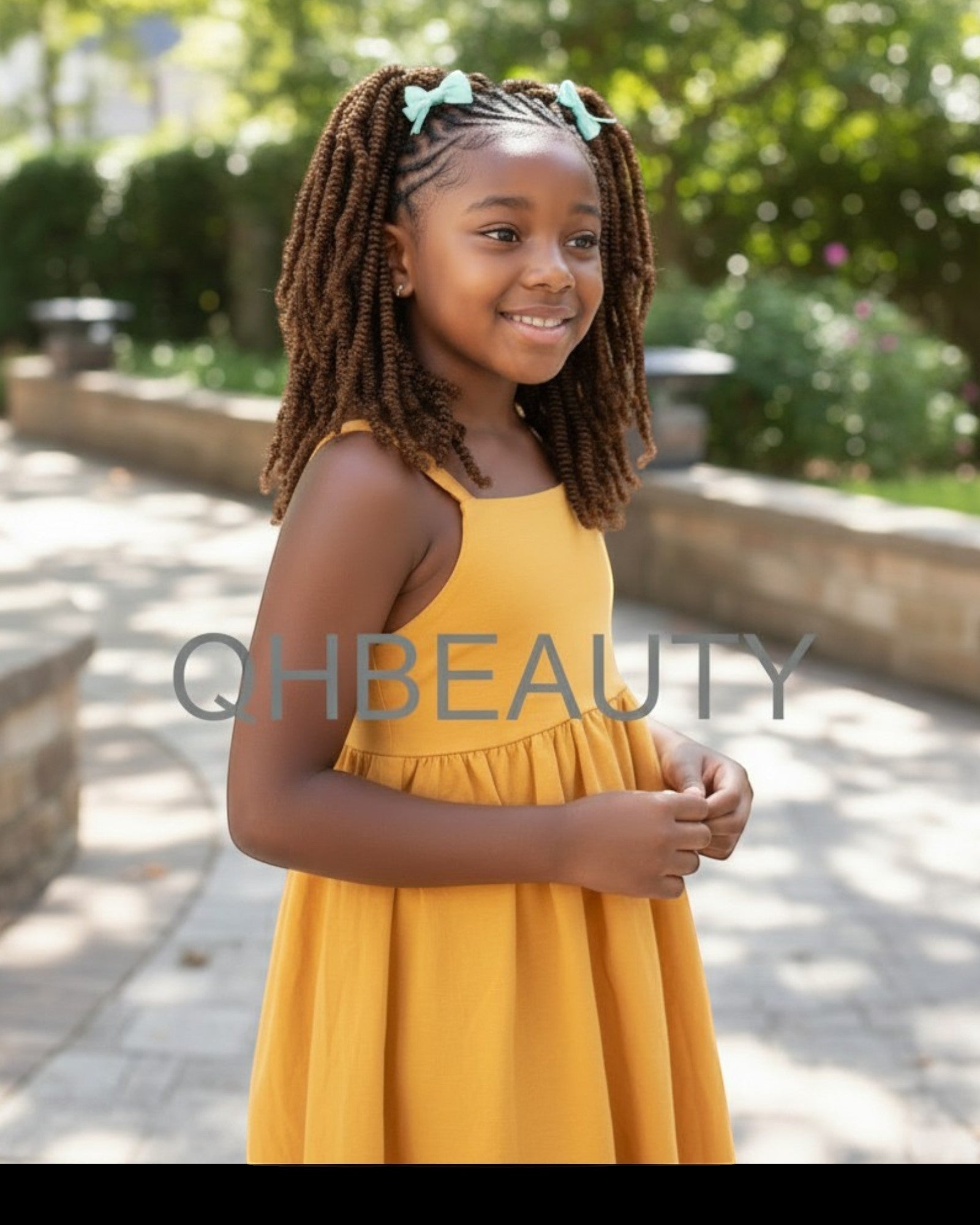 Q H Beauty girl with brown synthetic crochet braid hair extensions, 12 inches, curly texture, styled in twists with mint green bows.