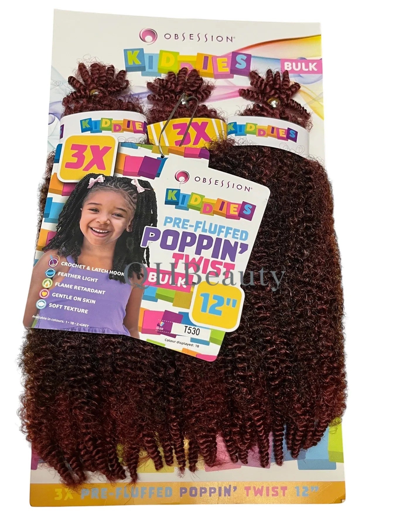 Q H Beauty Obsession Kiddies Poppin Twist 12" synthetic crochet braid hair extension in burgundy with curly texture.