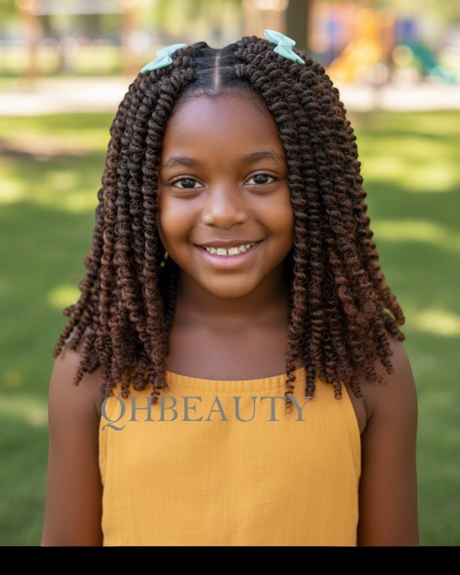 Q H Beauty 12'' curly synthetic crochet braid hair extension in dark brown, perfect for kids' protective styles.