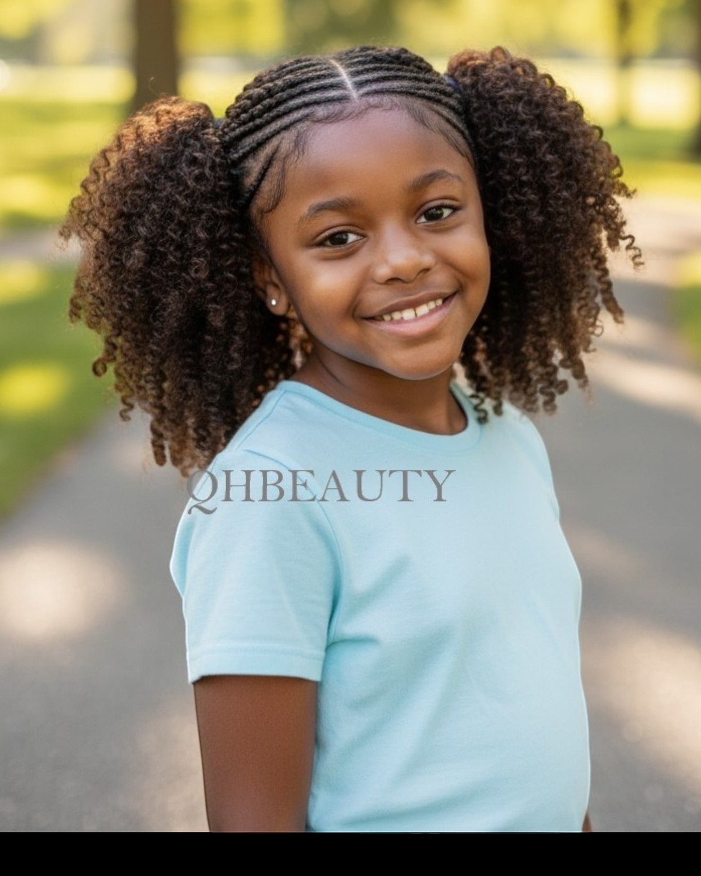 Q H Beauty 12'' curly synthetic crochet braid hair extensions in dark brown, styled in pigtails for kids.