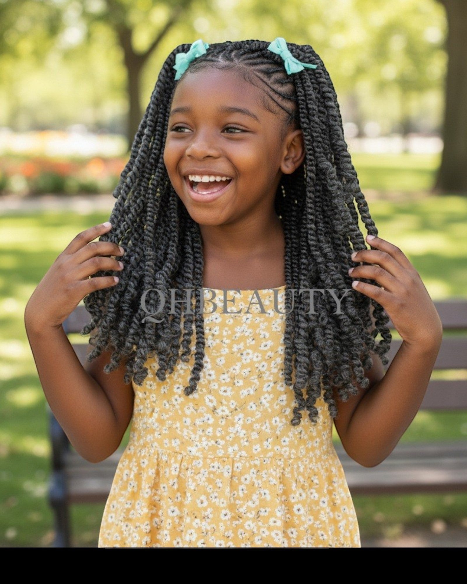 Q H Beauty 12'' synthetic curly crochet braid hair extensions in dark grey, styled on a young girl.
