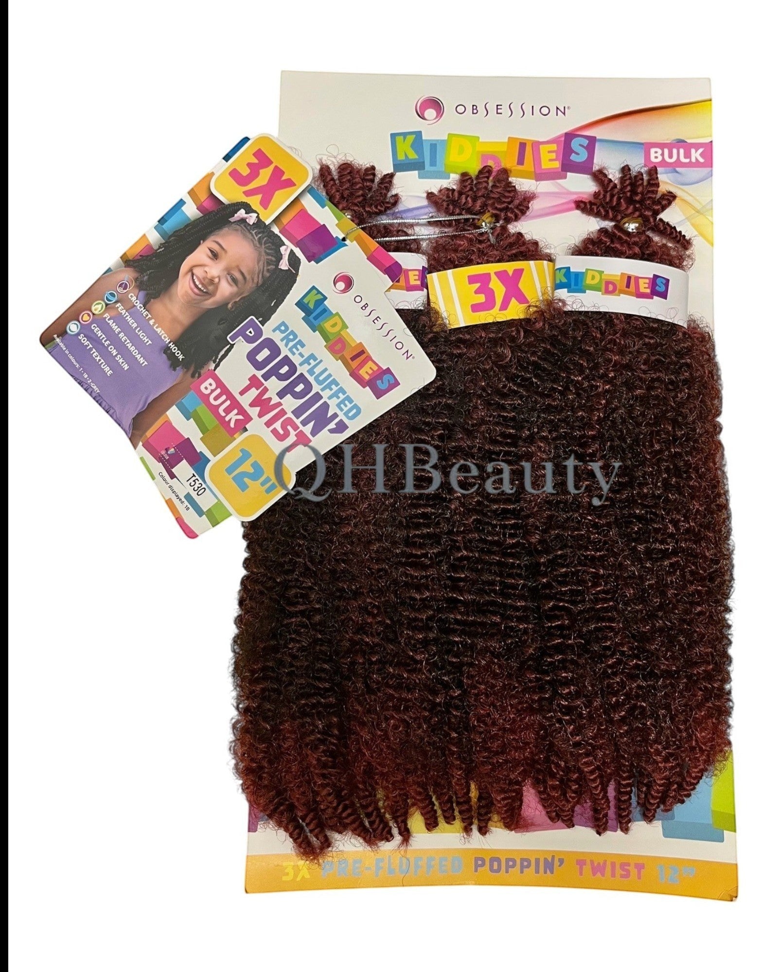 Q H Beauty 12'' curly synthetic crochet braid hair extension in a dark red/brown ombre. Bulk hair for braiding.