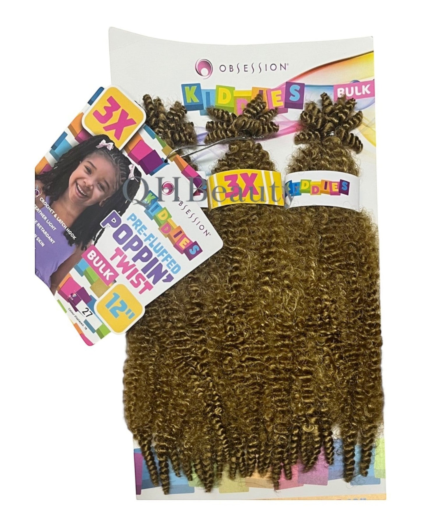 Q H Beauty OBSESSION 12'' synthetic curly crochet braid hair extension in a light brown shade, sold in bulk.
