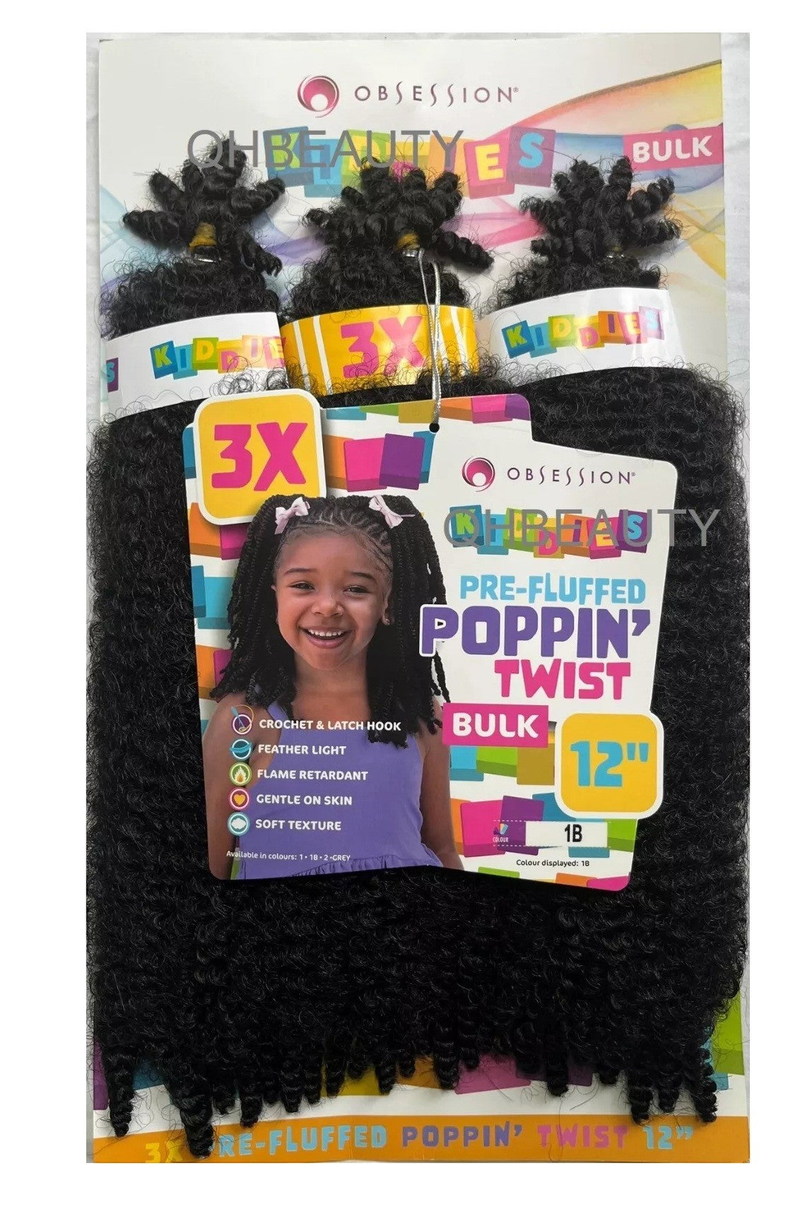 Q H Beauty Obsession 12'' black synthetic curly crochet braid hair extension bulk, pre-fluffed Poppin Twist style.