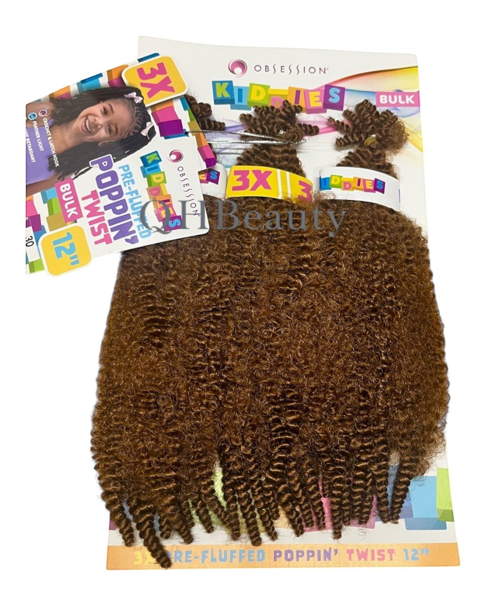 Q H Beauty OBSESSION 12'' curly synthetic crochet braid hair extension in brown, pre-fluffed Poppin Twist style.