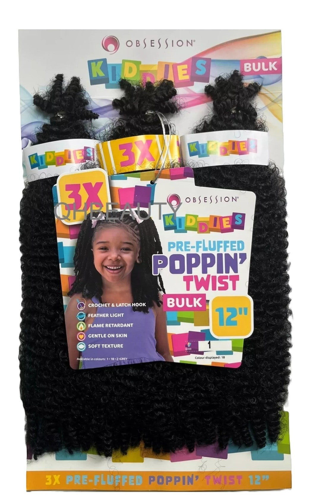Q H Beauty OBSESSION Kiddies Poppin Twist 12'' black synthetic crochet braid hair extension bulk.