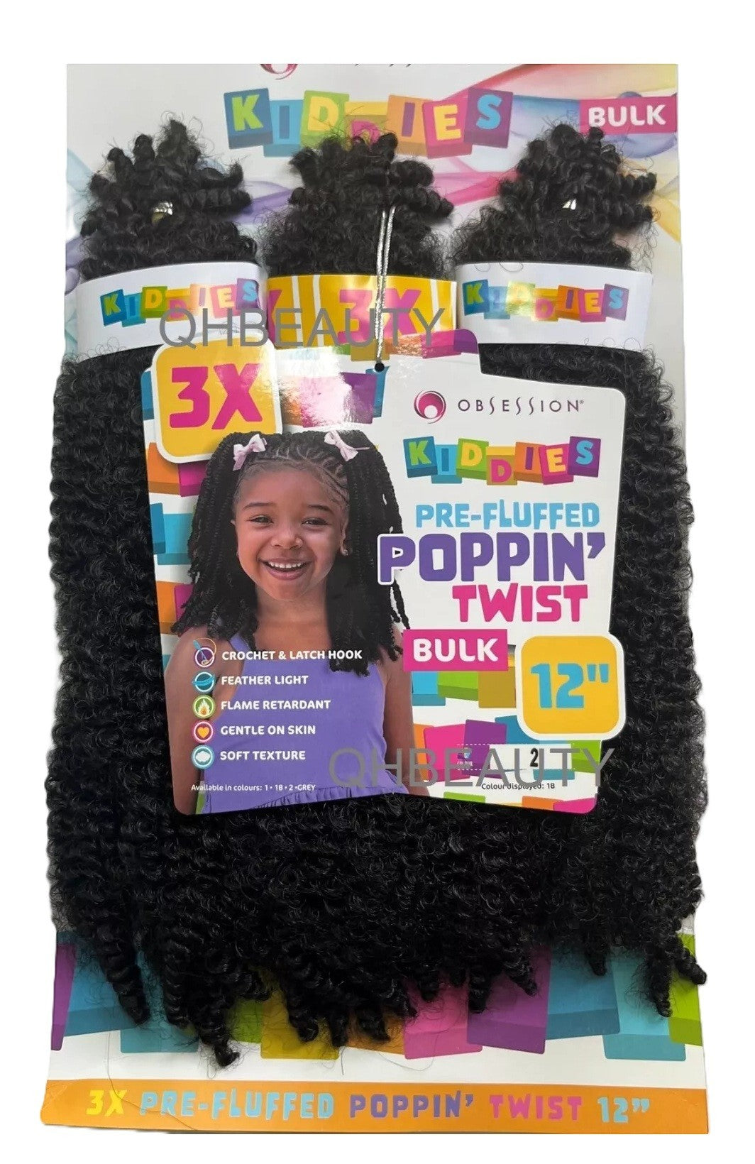 Q H Beauty OBSESSION Kiddies Poppin Twist 12'' black synthetic crochet braid hair extensions, curly texture, heat resistant.