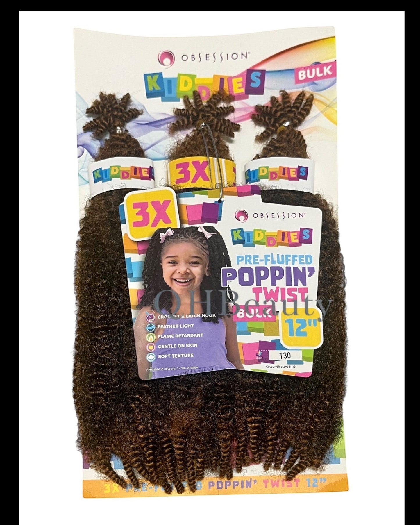 Q H Beauty Obsession Kiddies Poppin Twist 12'' synthetic crochet braid hair extension in dark brown, curly texture.