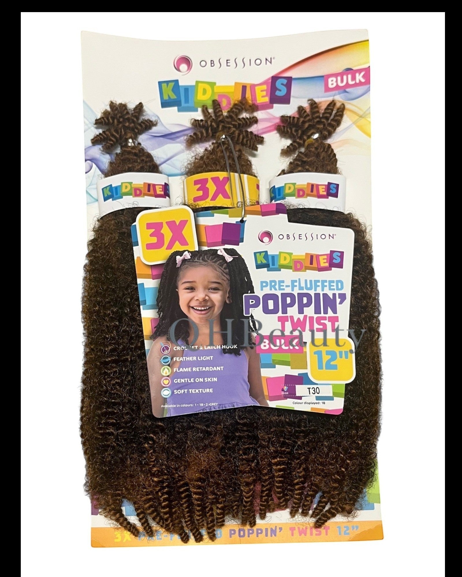 Q H Beauty Obsession Kiddies Poppin Twist 12'' synthetic crochet braid hair extension in dark brown, curly texture.