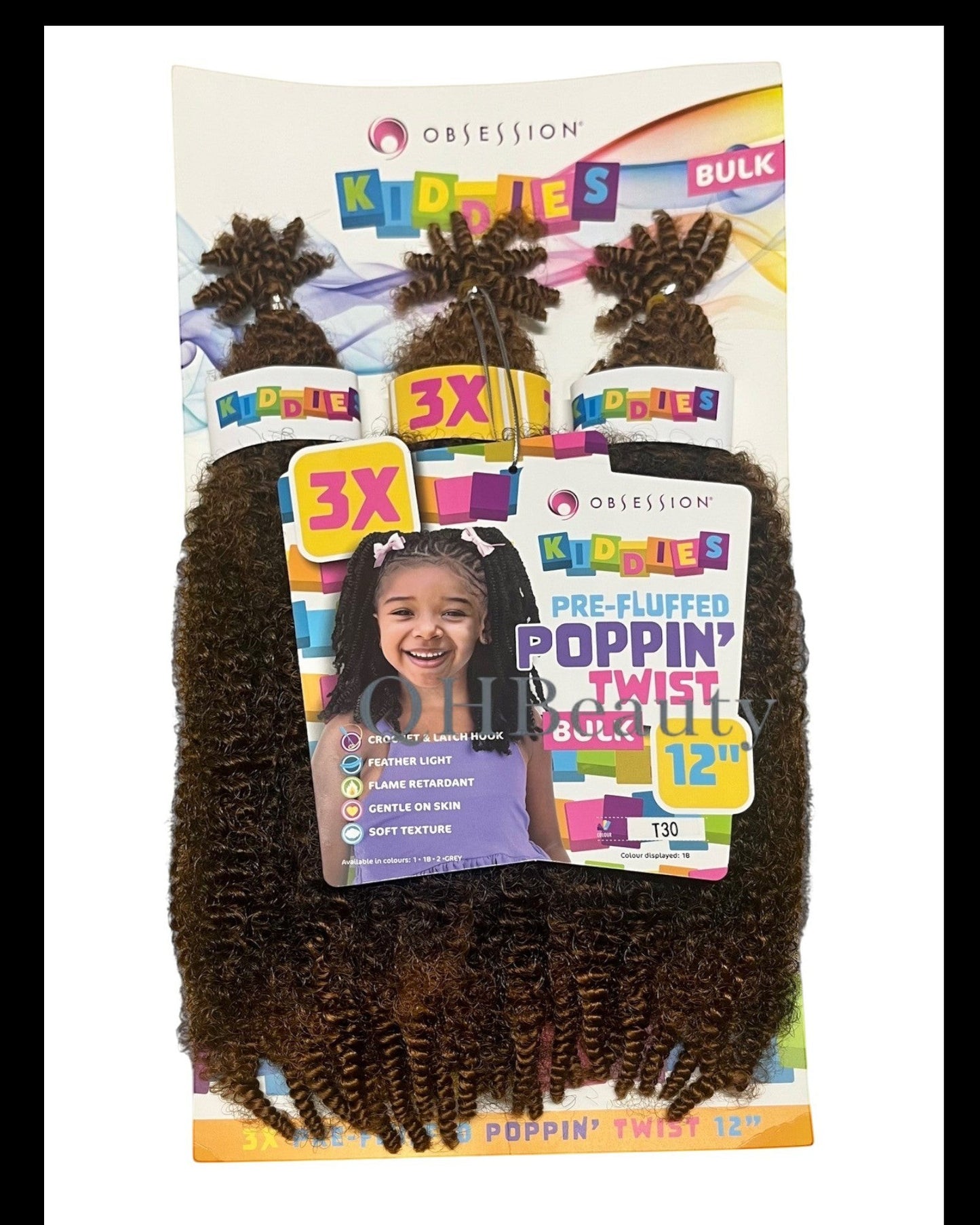 Q H Beauty Obsession Kiddies Poppin Twist 12'' synthetic crochet braid hair extension in dark brown, pre-fluffed for braiding.