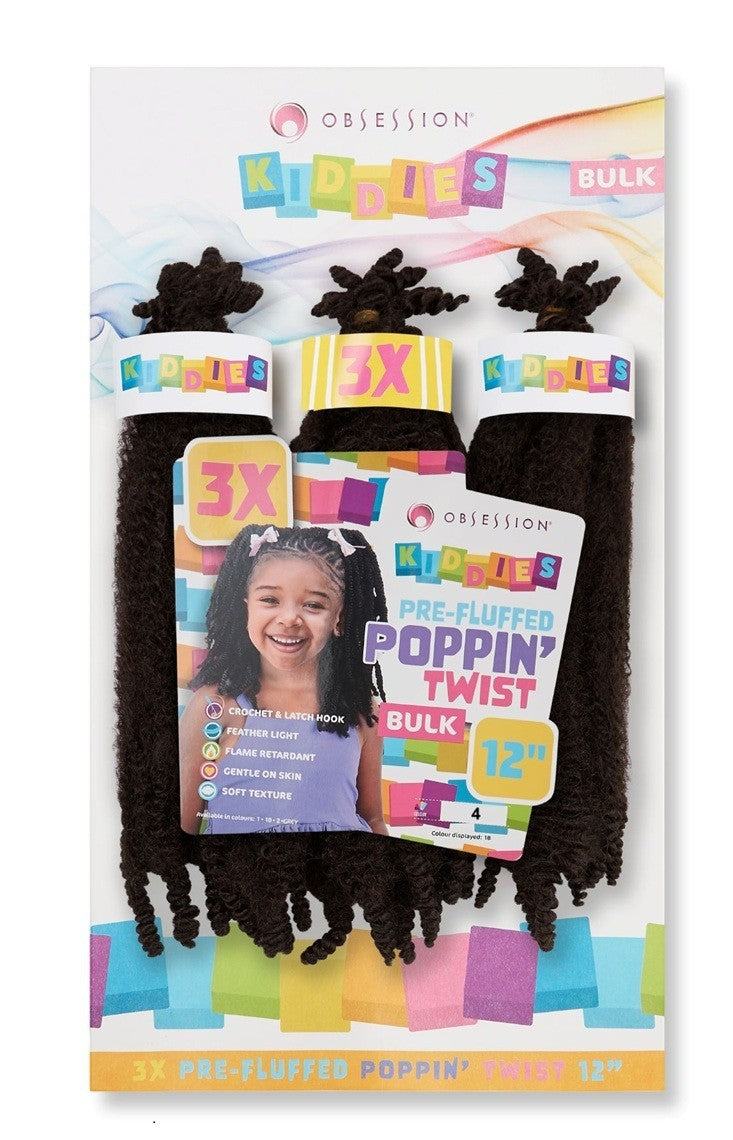 Q H Beauty Obsession Kiddies Poppin Twist 12'' synthetic crochet braid hair extension in dark brown, pre-fluffed for easy braiding.