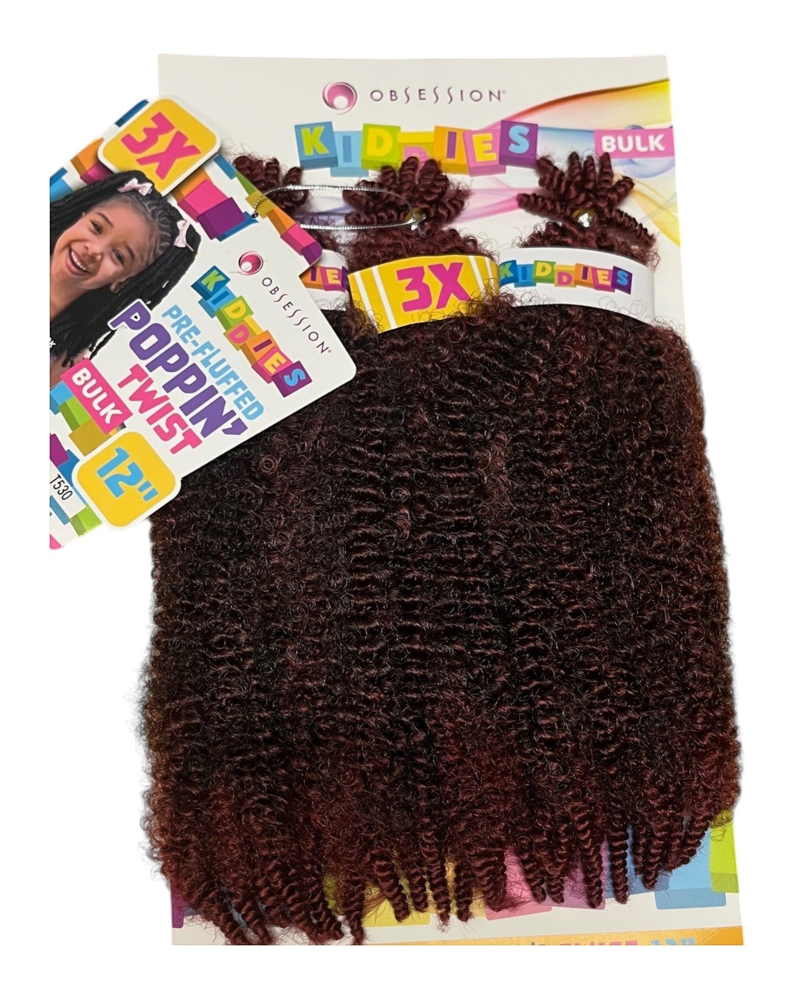 Q H Beauty Obsession Kids Poppin Twist 12'' curly synthetic crochet braid hair extensions in dark red.