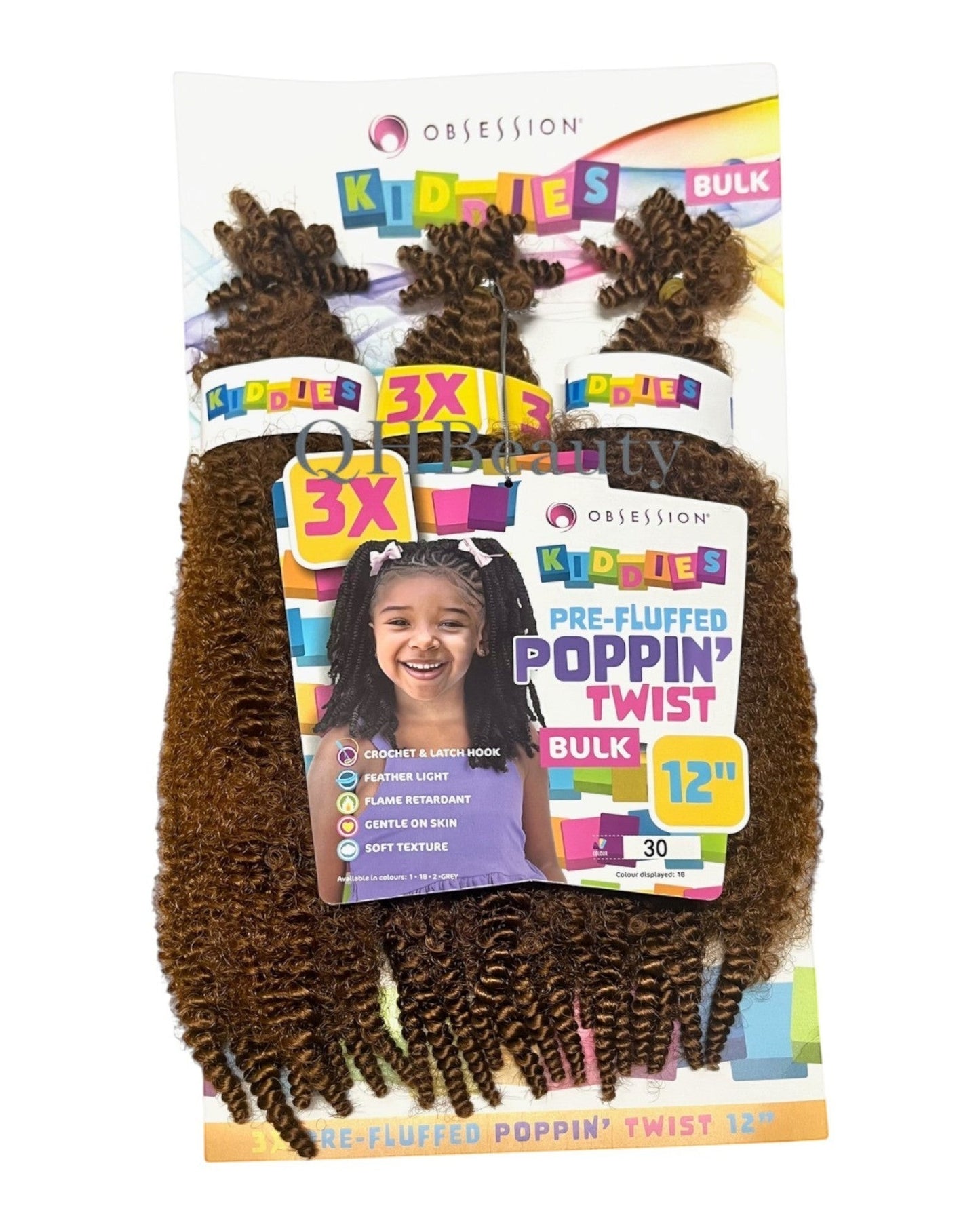Q H Beauty OBSESSION Kiddies Poppin Twist 12'' synthetic crochet braid hair extension in brown, curly texture.