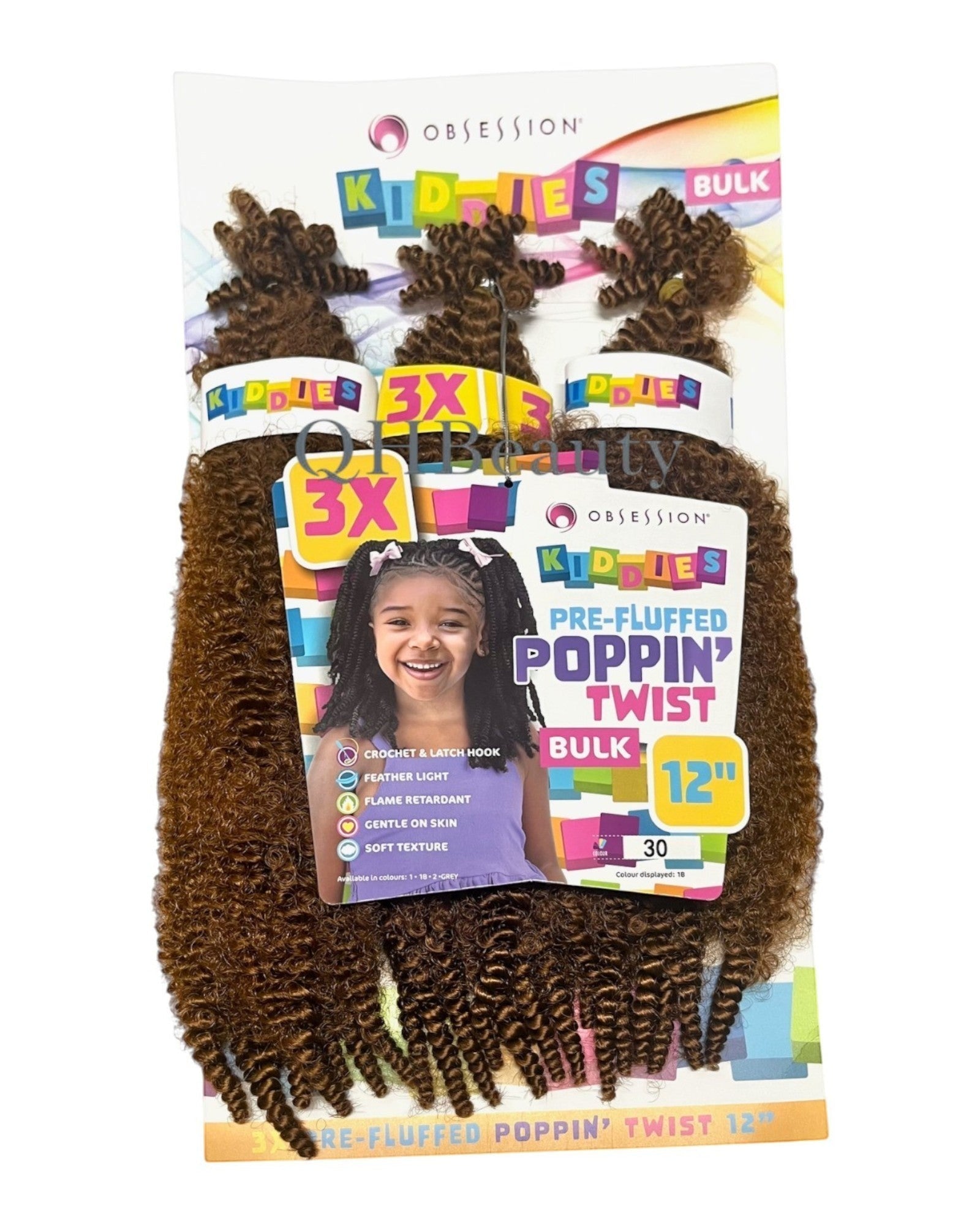 Q H Beauty OBSESSION Kiddies Poppin Twist 12'' synthetic crochet braid hair extension in brown, curly texture.