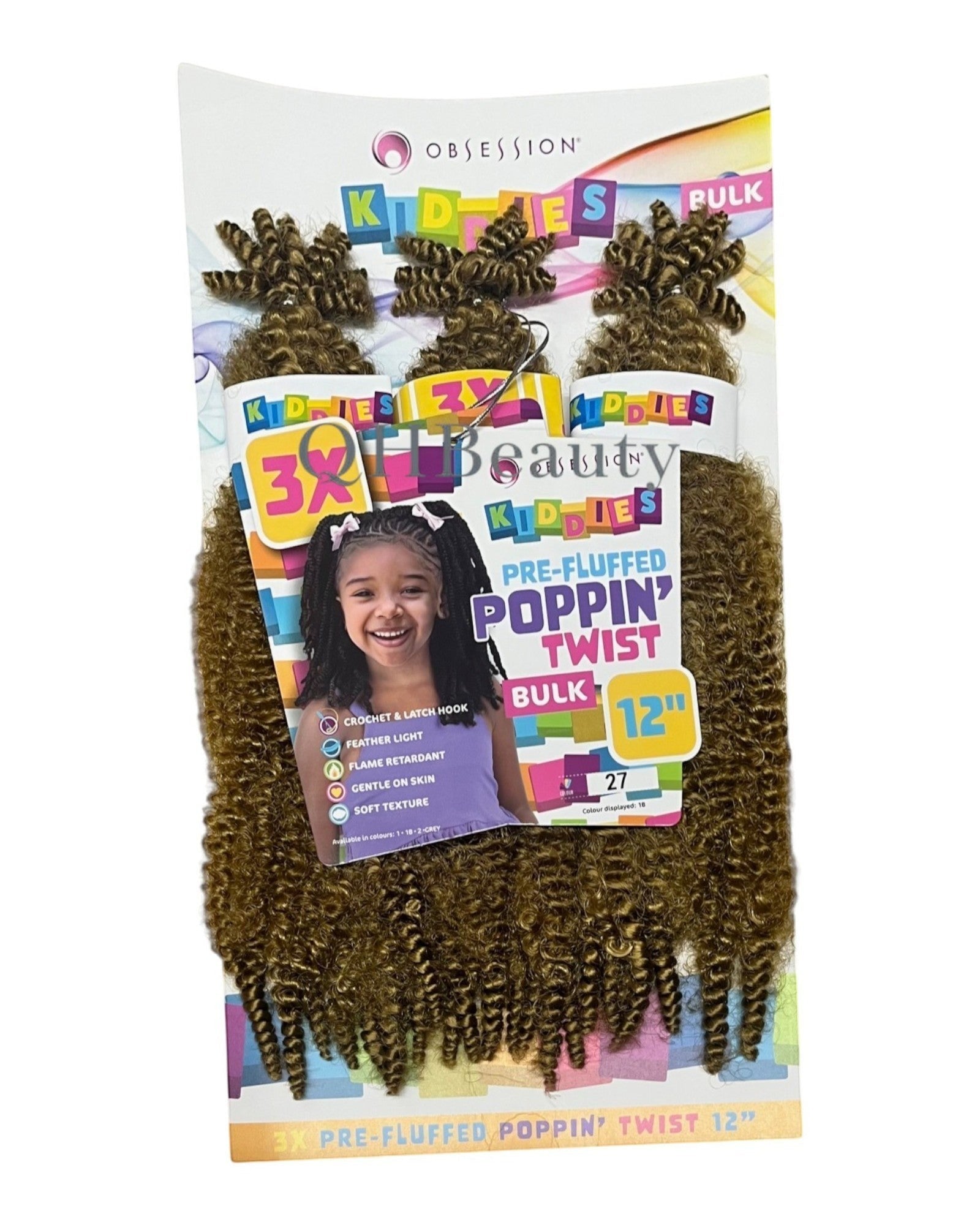 Q H Beauty Obsession Kiddies Poppin Twist 12'' synthetic crochet braid hair extensions in a light brown and blonde mix.